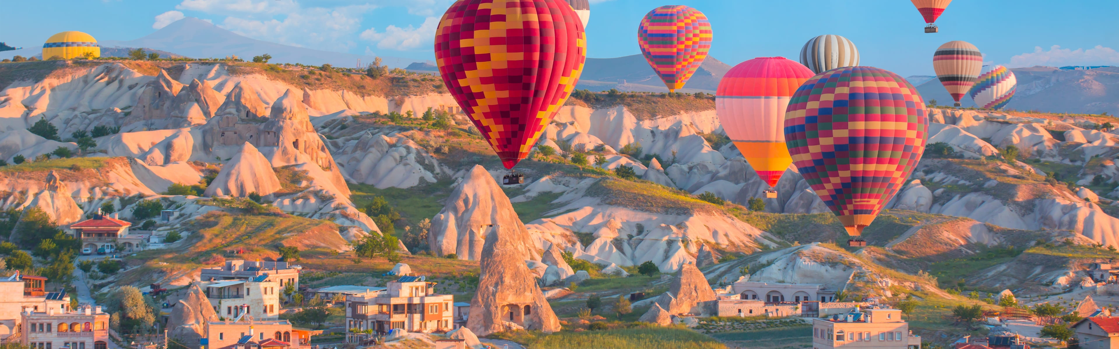 色とりどりの熱気球が、岩が連なる大地の上空を優雅に飛んでいる