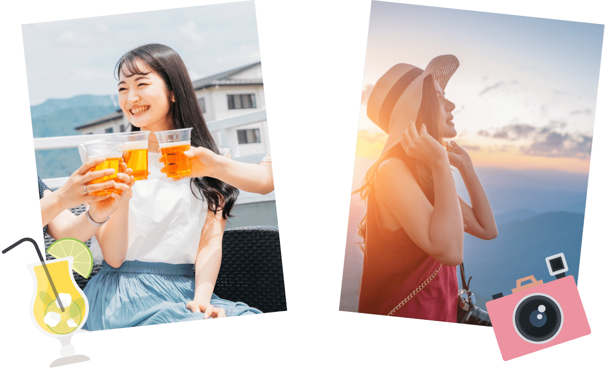 屋外でグラスを手に乾杯しながら笑顔を見せる若い女性たちと夕景の中で帽子をかぶり、景色を見上げる女性の横顔