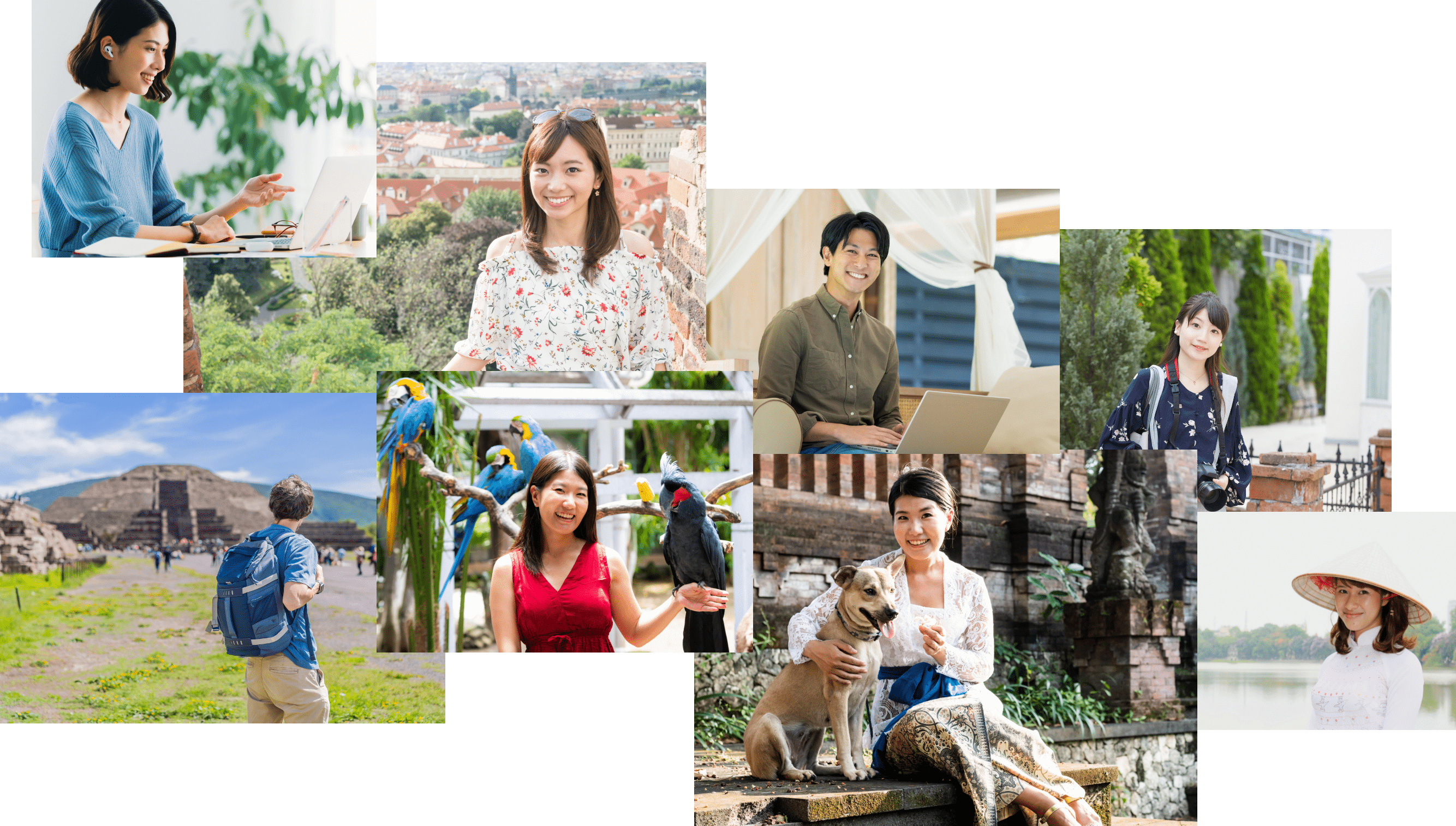 さまざまなシチュエーションで撮影された8人の人々が写ったコラージュ画像